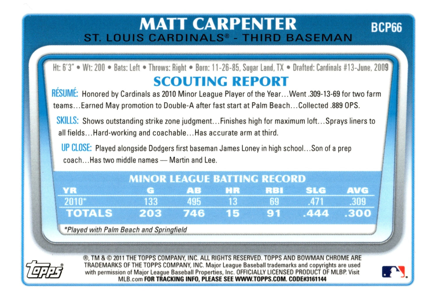 Matt Carpenter 2011 Bowman Chrome #BCP66 #1 - Collector Store LLC
