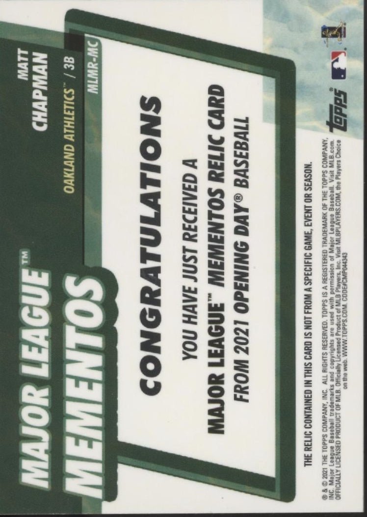 Matt Chapman 2021 Topps Opening Day Major League Mementos Relic #MLMR - MC - Collector Store LLC