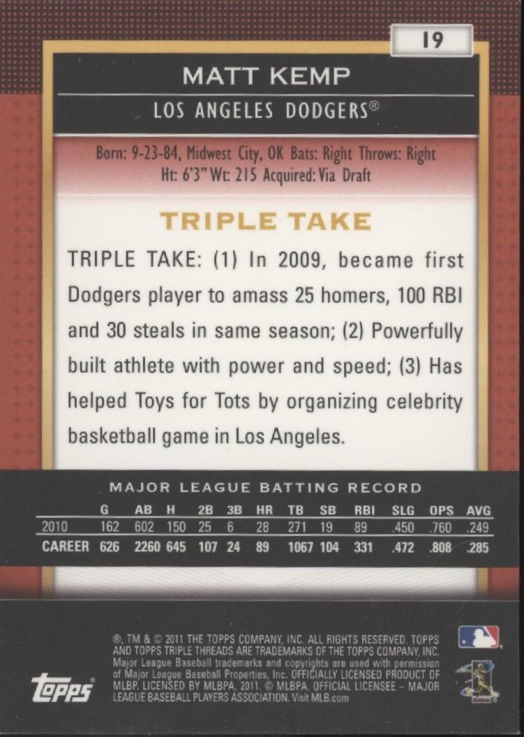 Matt Kemp 2011 Topps Triple Threads 0019/1500 #19 - Collector Store LLC