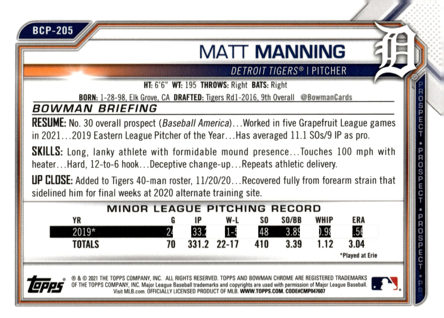 Matt Manning 2021 Bowman Chrome Prospects Purple Refractor 038/250 #BCP - 205 - Collector Store LLC