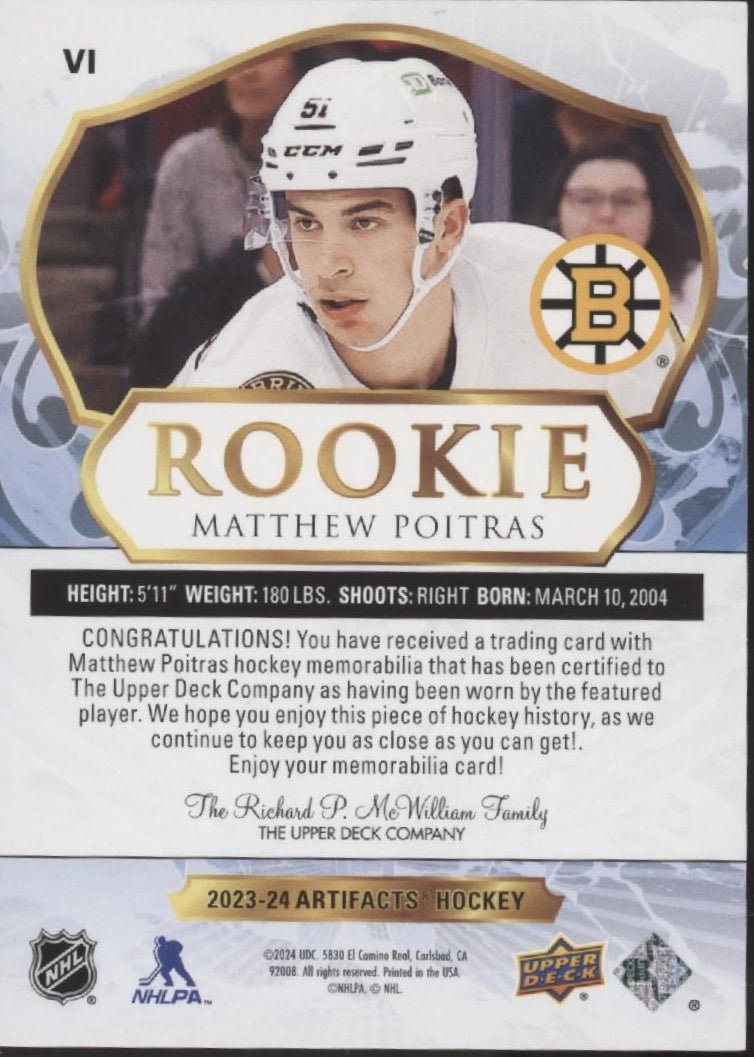 Matthew Poitras 2023 - 24 Upper Deck Artifacts Swatch RC 045/399 - Collector Store LLC