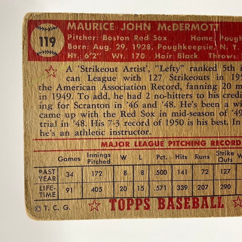 Maurice McDermott 1952 Topps #119 Boston Red Sox GD - Collector Store LLC