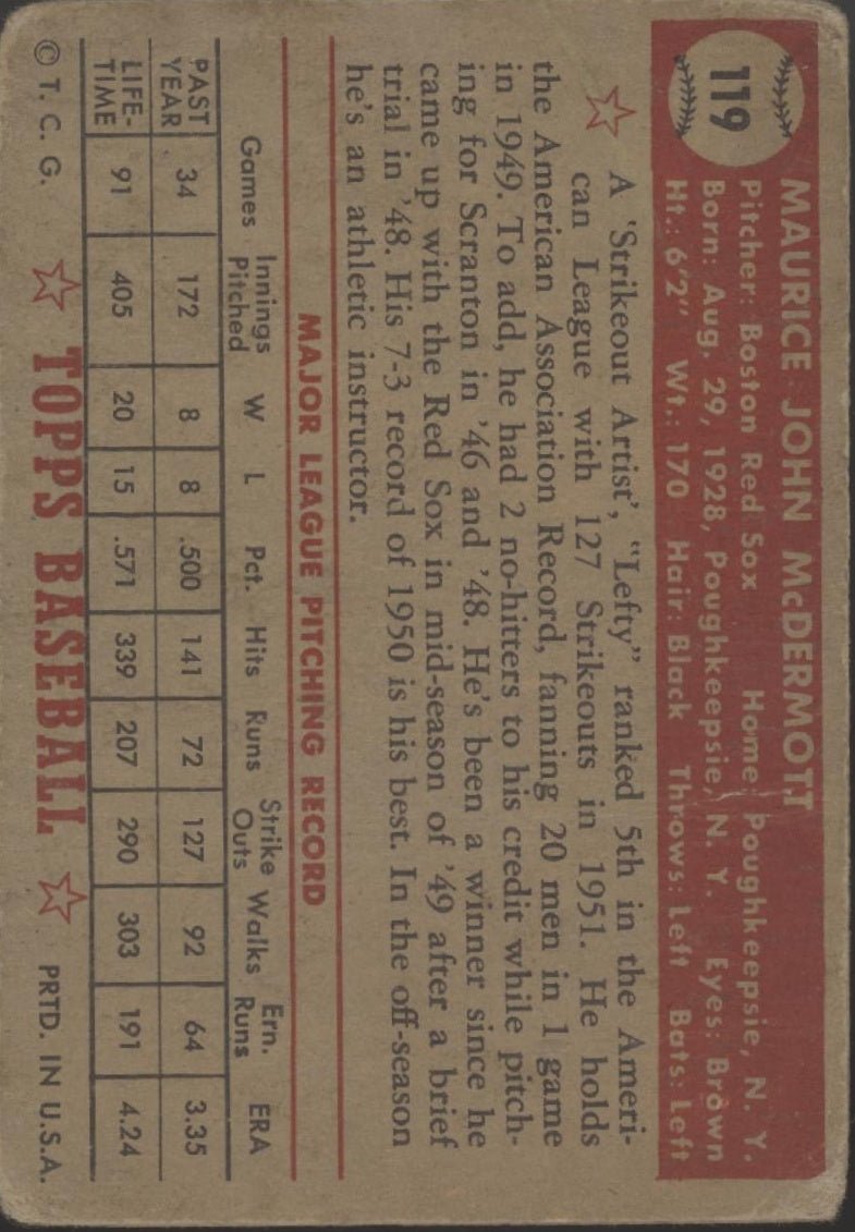 Maurice McDermott 1952 Topps #119 Boston Red Sox GD - Collector Store LLC
