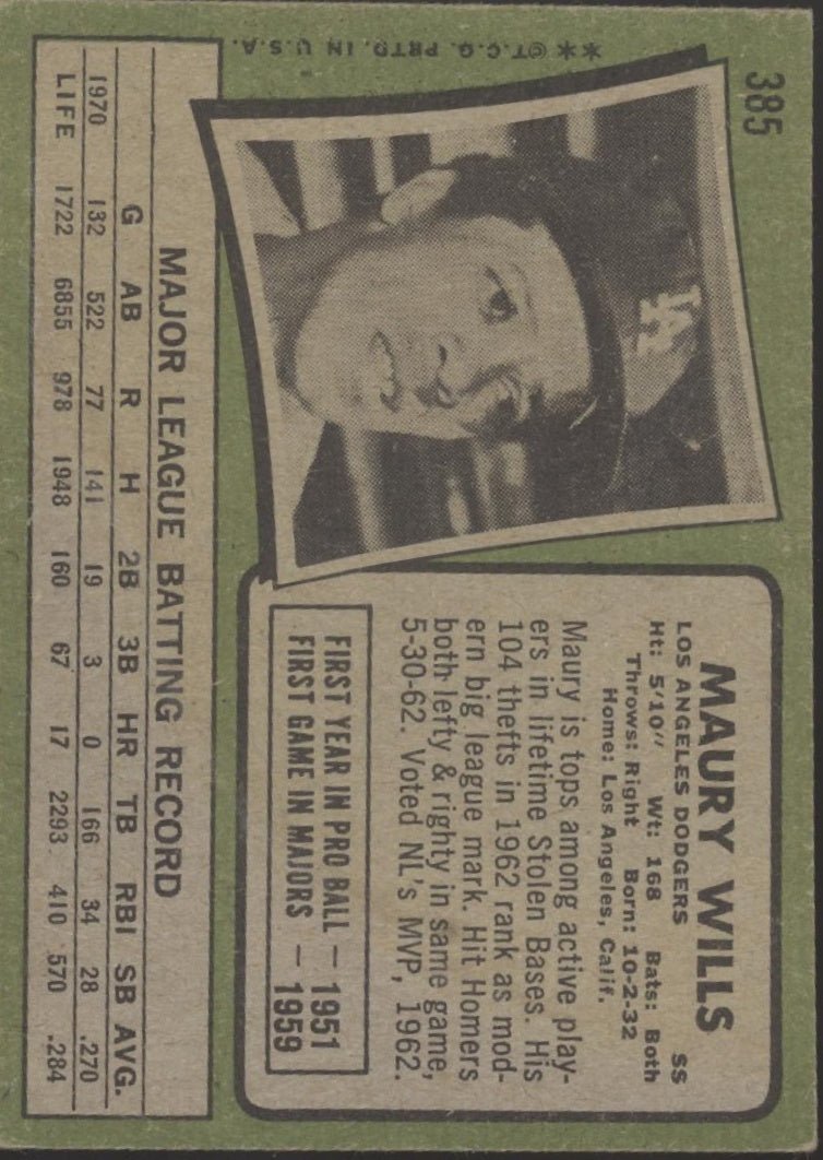 Maury Wills 1971 Topps #385 Los Angeles Dodgers VG - Collector Store LLC