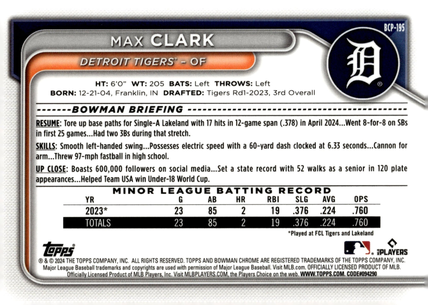 Max Clark 2024 Bowman Chrome Mojo Refractor #BCP - 195 #1 - Collector Store LLC