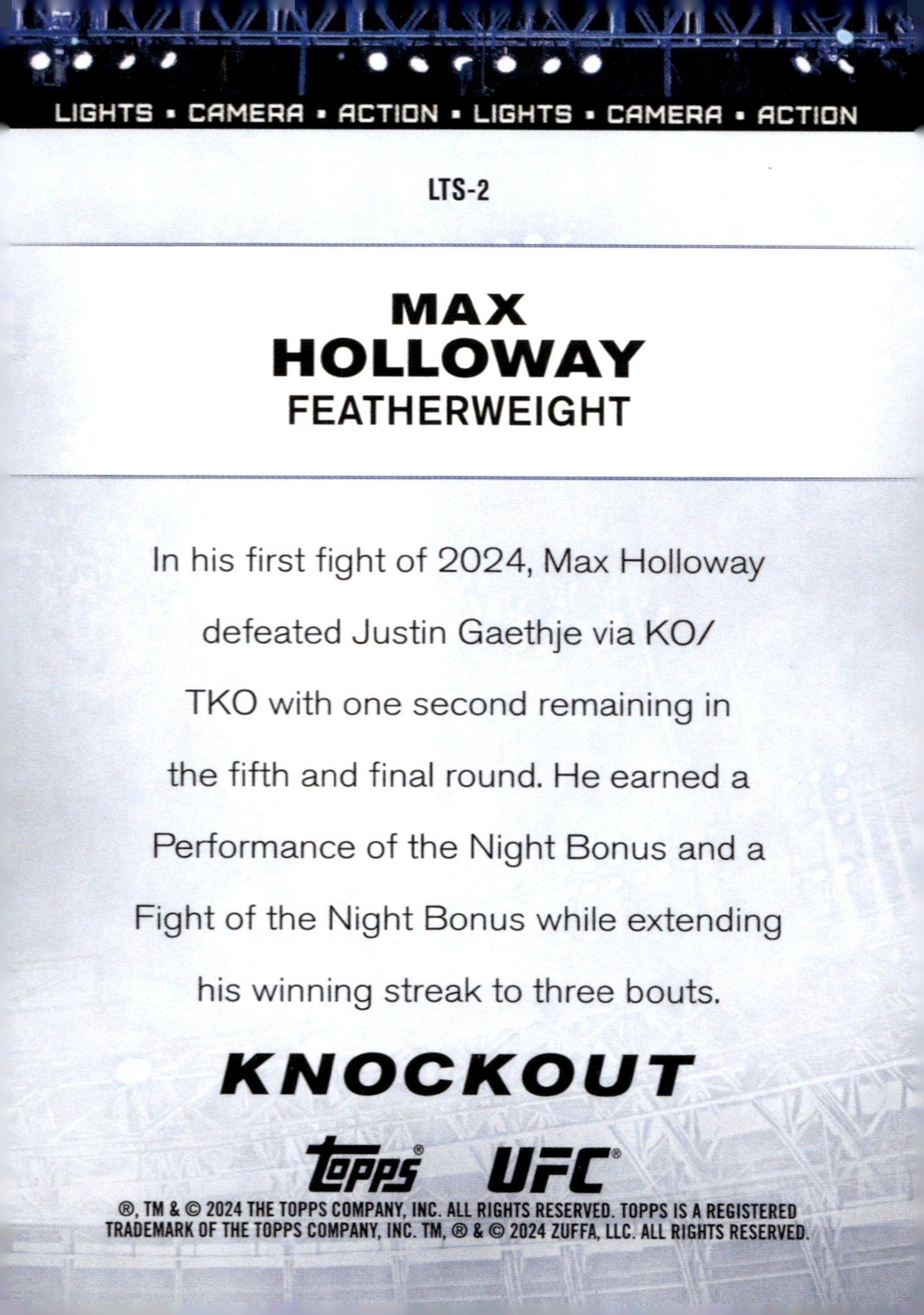 Max Holloway 2024 Topps Knockout Lights, Camera, Action #LTS - 2 - Collector Store LLC