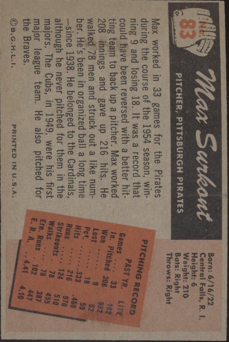 Max Surkont 1955 Bowman #83 Pittsburgh Pirates EX - Collector Store LLC