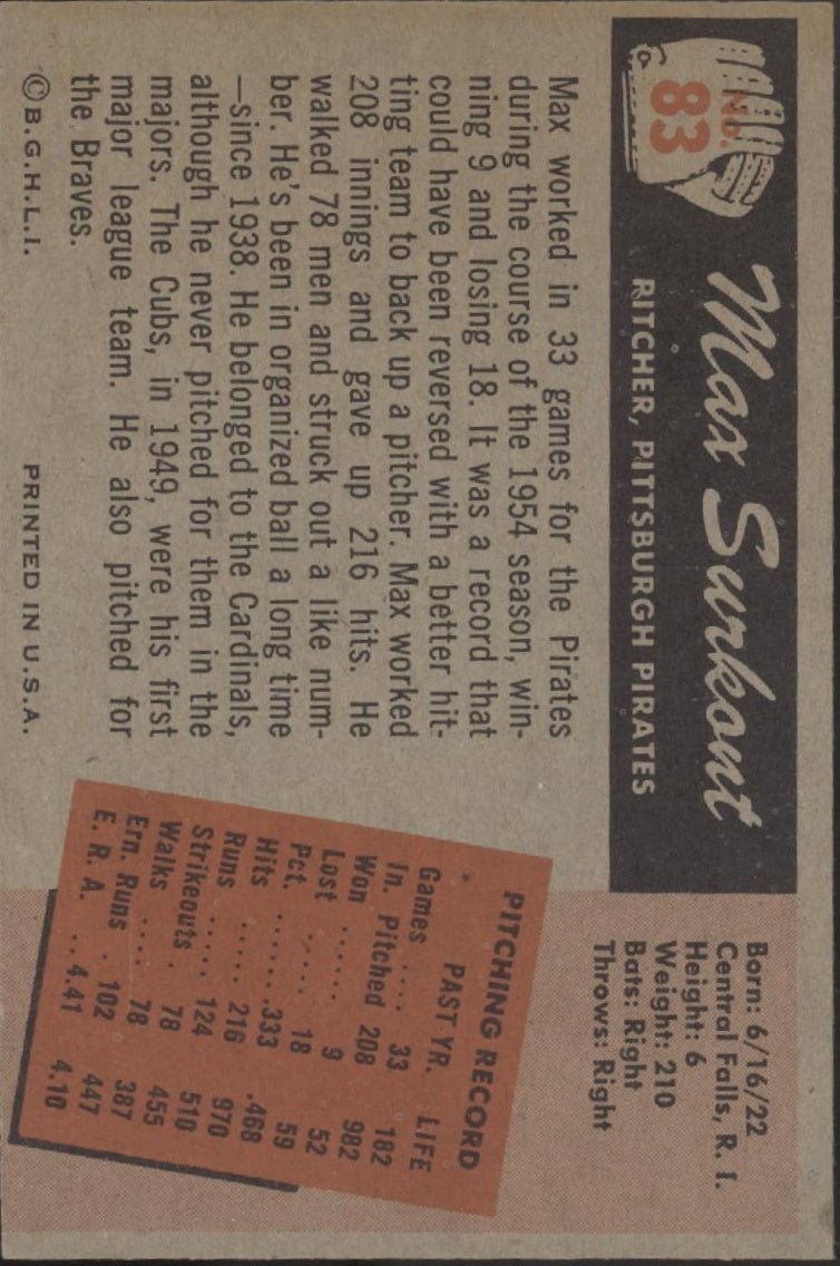 Max Surkont 1955 Bowman #83 Pittsburgh Pirates VG - Collector Store LLC
