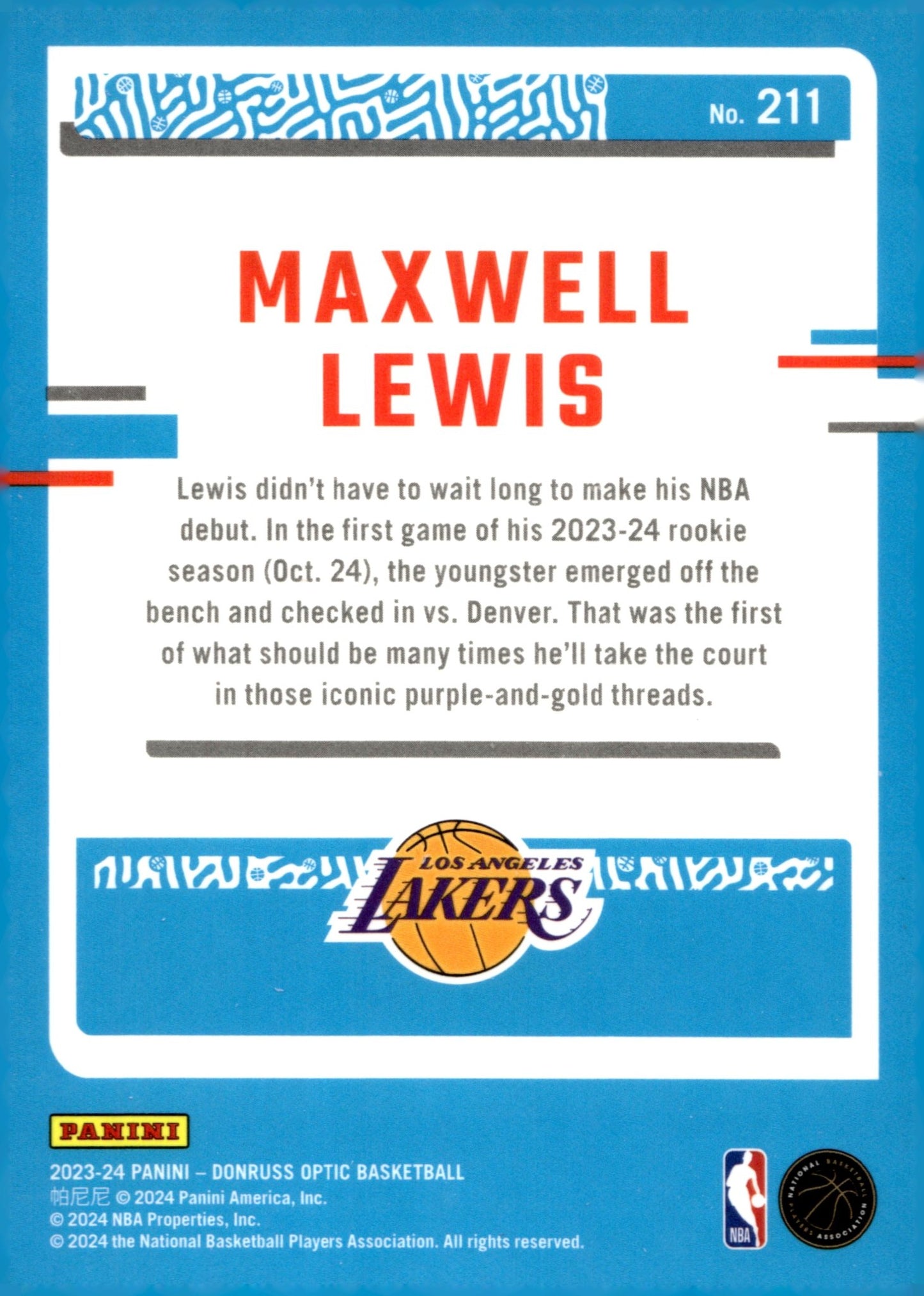 Maxwell Lewis 2023 - 24 Panini Donruss Optic Rated Rookie RC #211 - Collector Store LLC