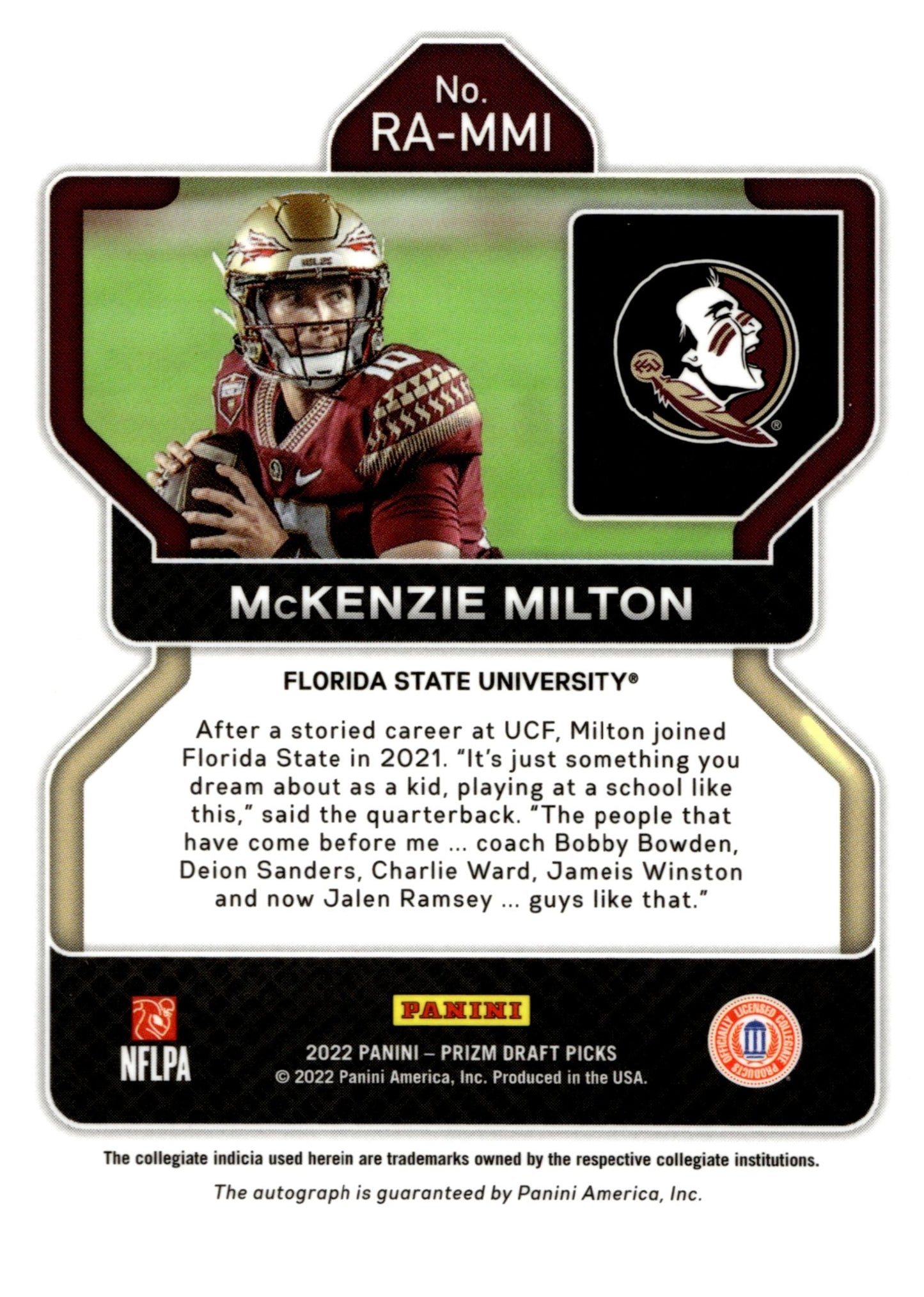 McKenzie Milton 2022 Panini Prizm Draft Picks Auto #RA - MMI - Collector Store LLC