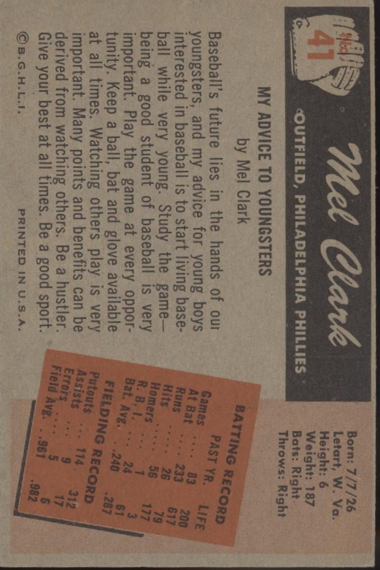 Mel Clark 1955 Bowman #41 Philadelphia Phillies VG - EX - Collector Store LLC