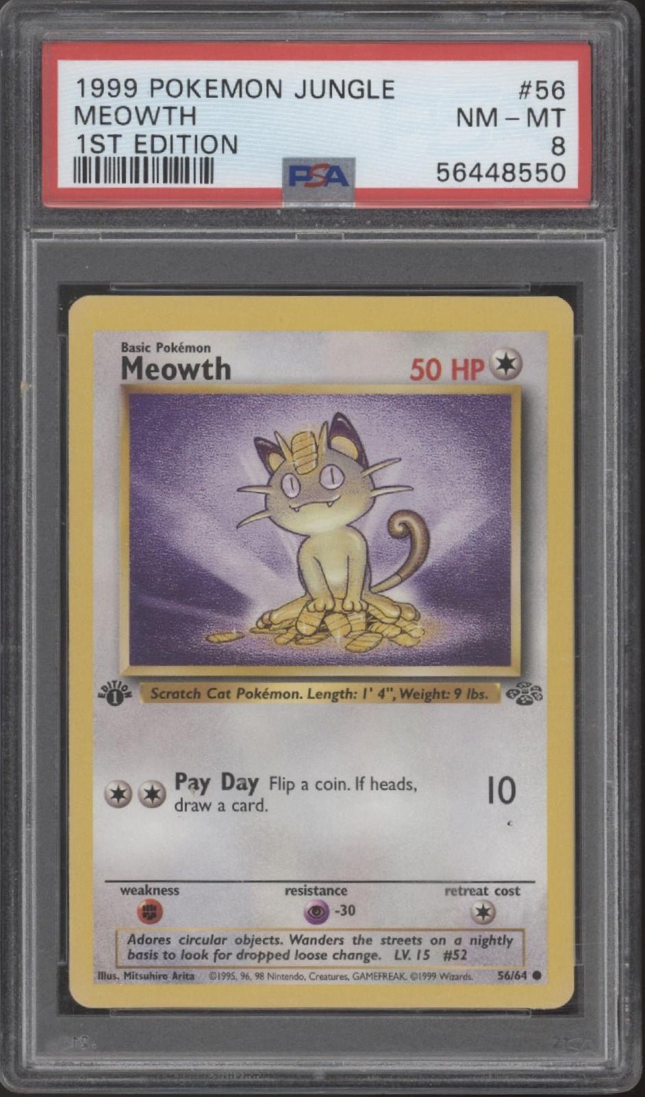 Meowth Pokemon Jungle 1st Edition #56 PSA 8 - Collector Store LLC