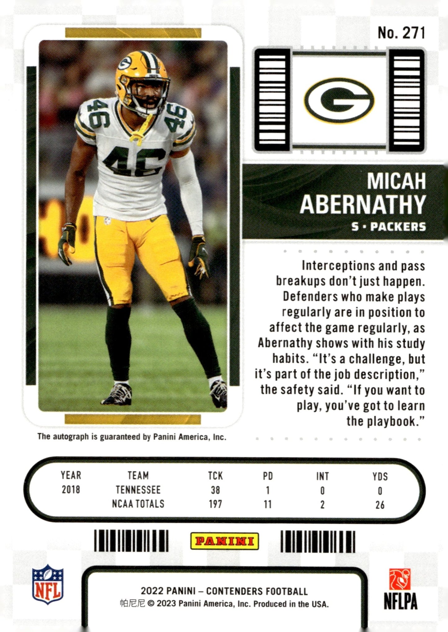 Micah Abernathy 2022 Panini Contenders Rookie Ticket RC Auto #271 - Collector Store LLC