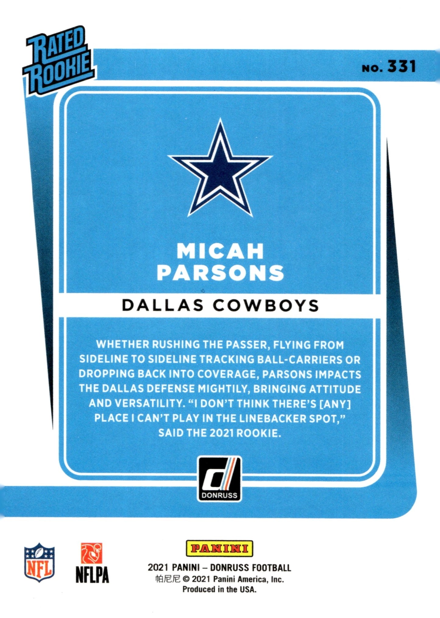Micah Parsons 2021 Panini Donruss Rated Rookie RC #331 - Collector Store LLC