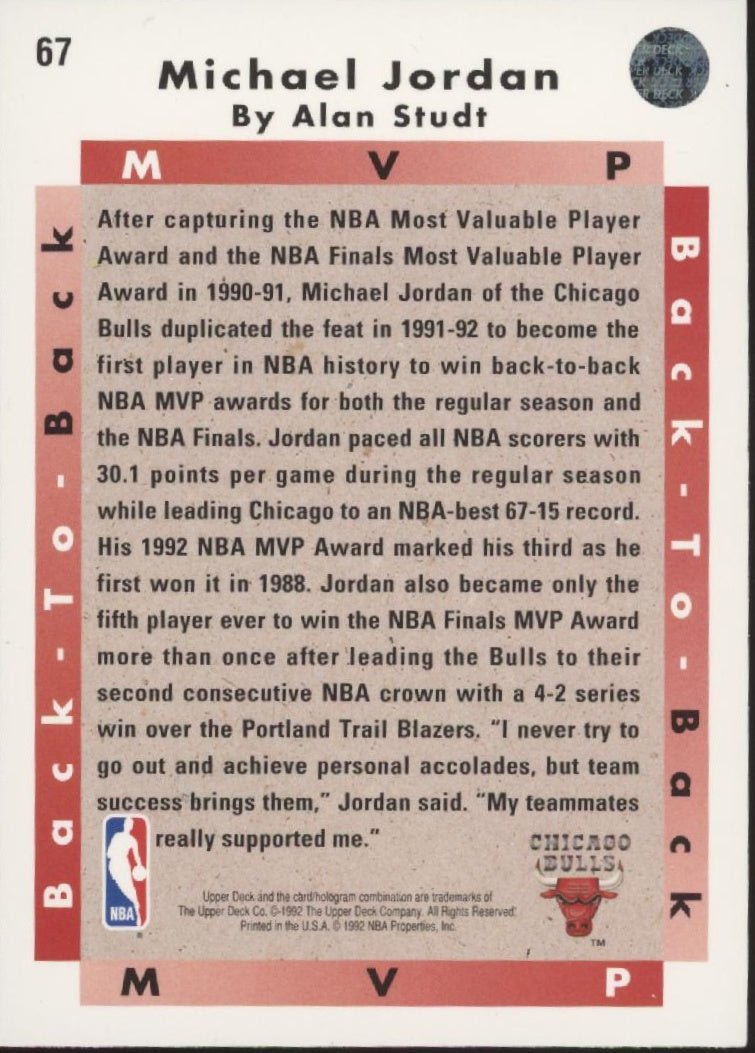 Michael Jordan 1992 - 93 Upper Deck Back to Back MVP 67 - Collector Store LLC
