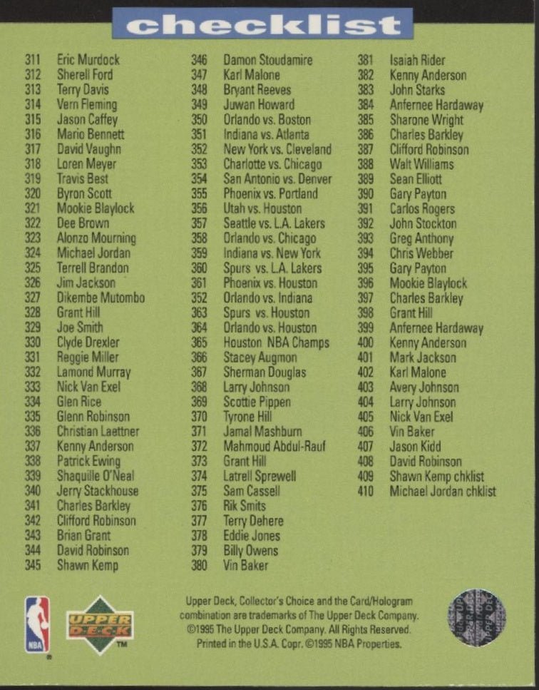 Michael Jordan 1995 - 96 Upper Deck Collector's Choice Checklist 311 - 410 410 - Collector Store LLC