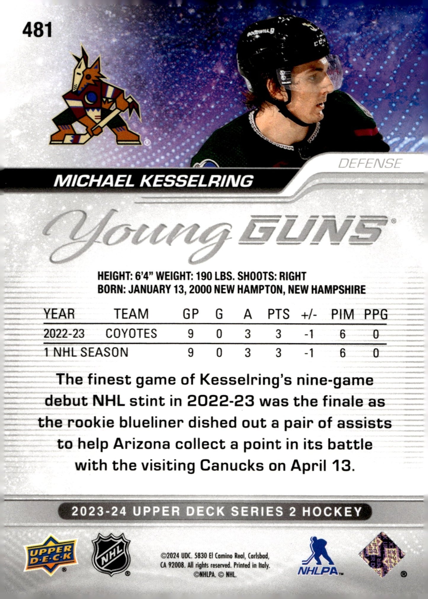 Michael Kesselring 2023 - 24 Upper Deck Series 2 Young Guns RC #481 - Collector Store LLC