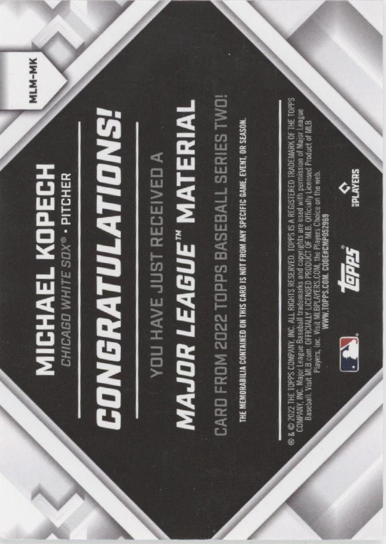 Michael Kopech 2022 Topps Series 2 Major League Material Swatch #MLM - MK - Collector Store LLC