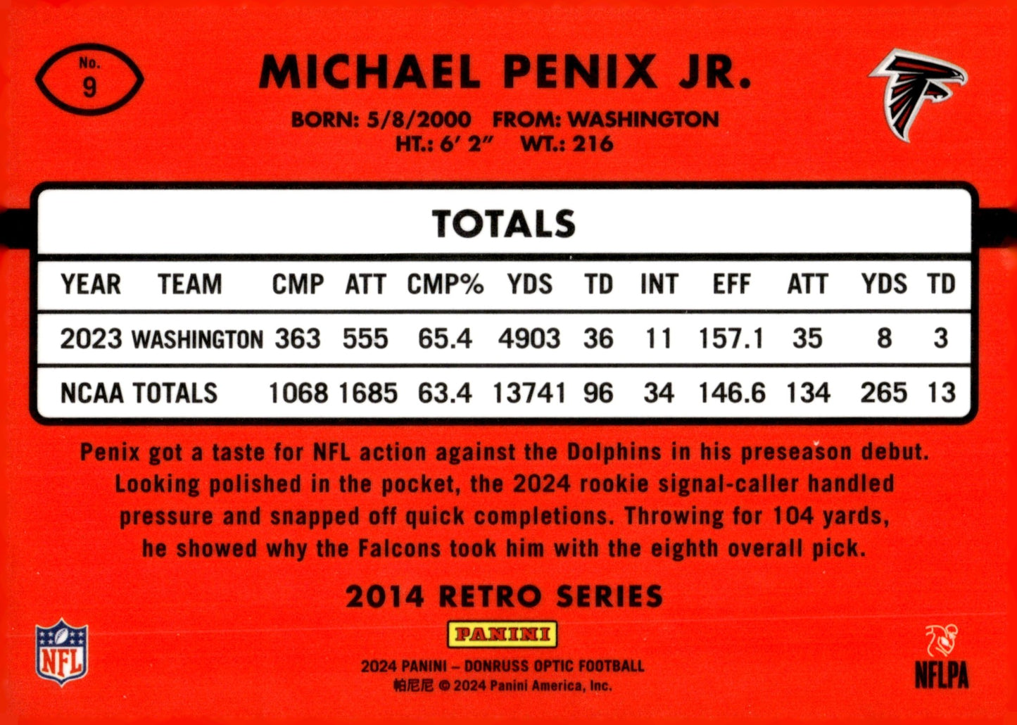 Michael Penix Jr. 2024 Panini Donruss Optic Retro Series Rated Rookie RC #9 - Collector Store LLC