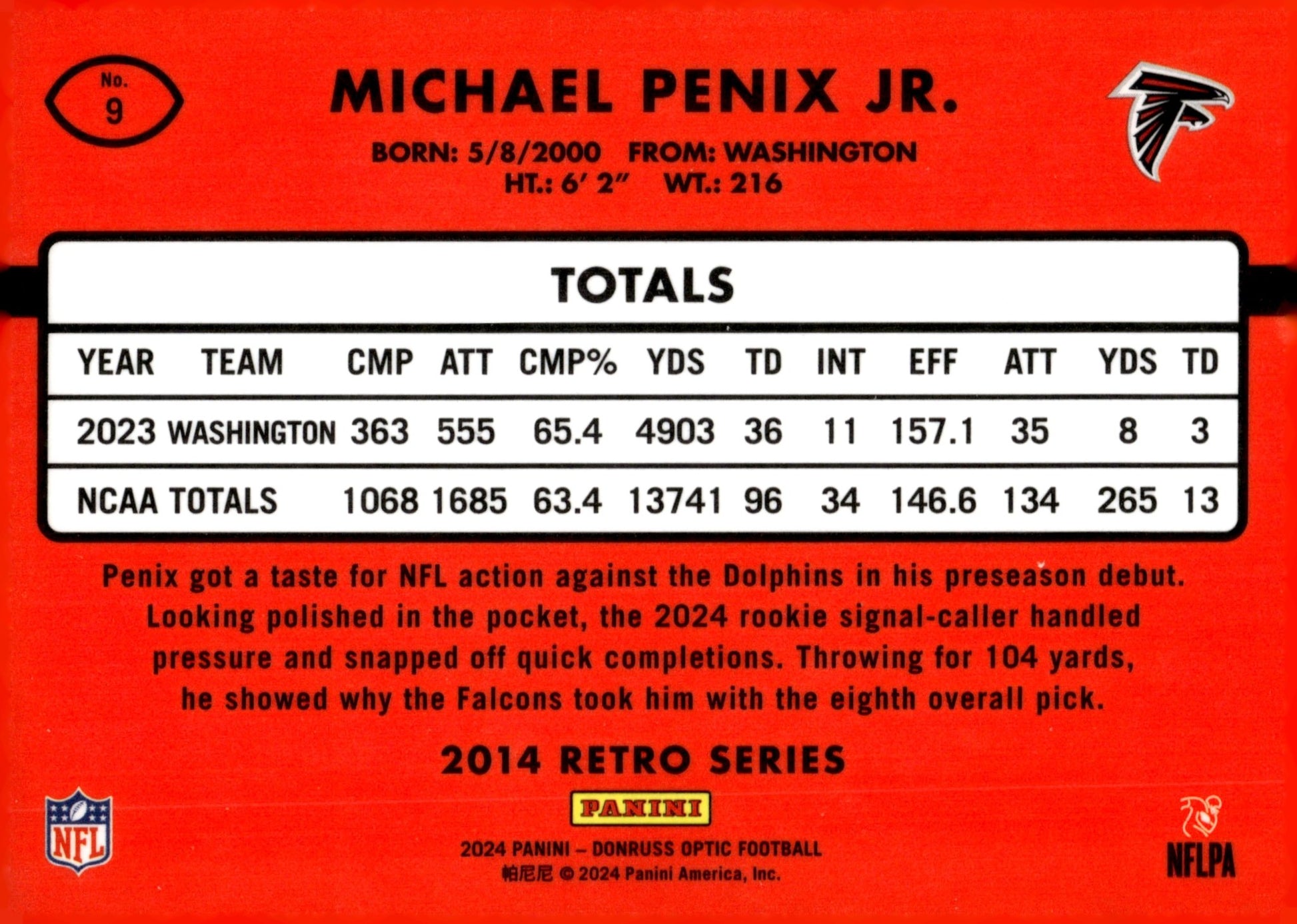 Michael Penix Jr. 2024 Panini Donruss Optic Retro Series Rated Rookie RC #9 - Collector Store LLC