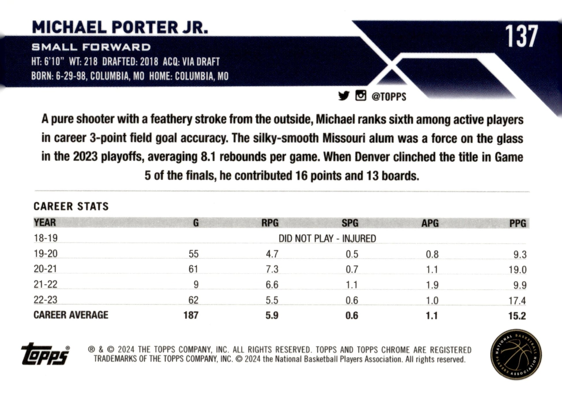 Michael Porter Jr. 2024 Topps Chrome #137 - Collector Store LLC