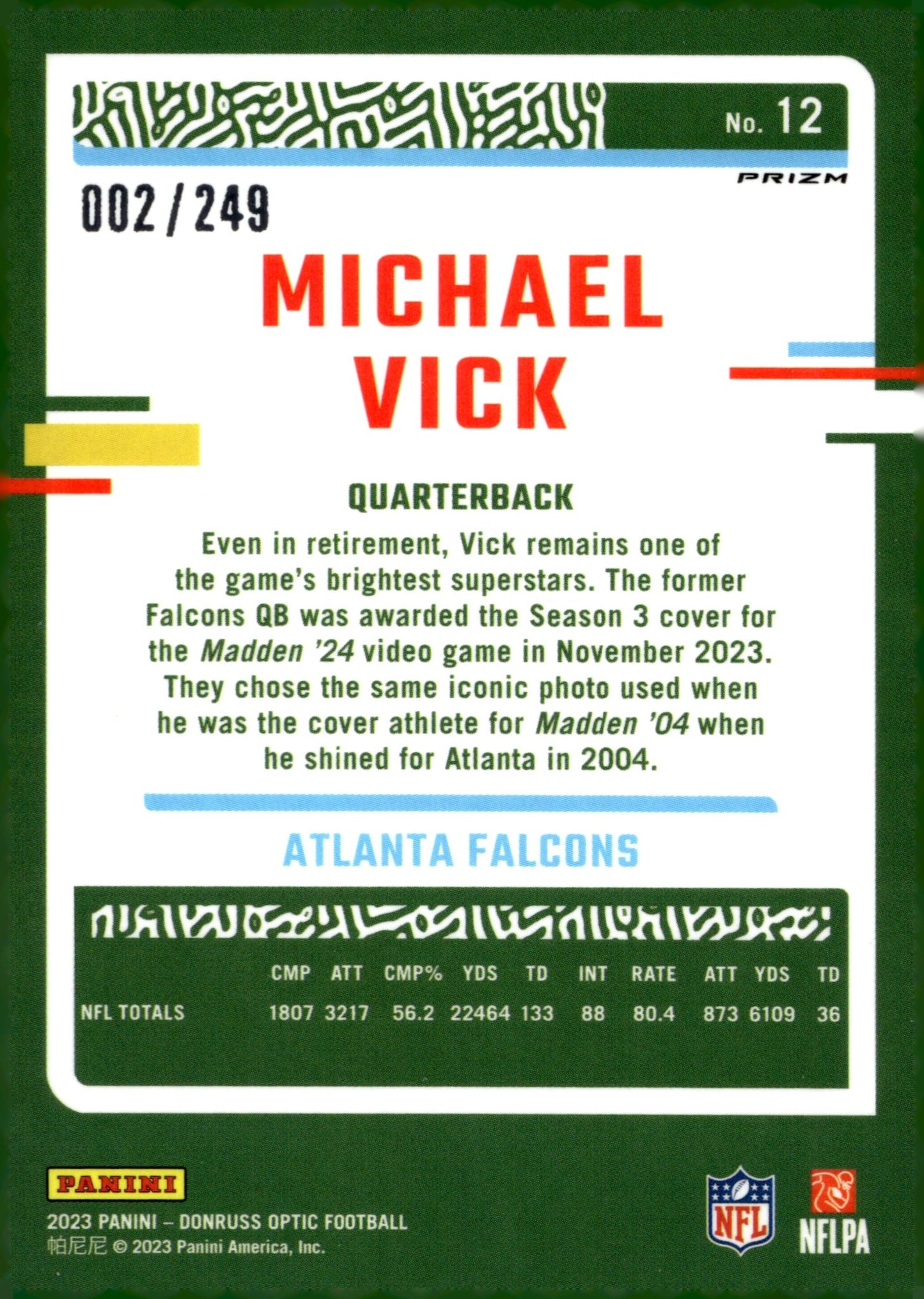 Michael Vick 2023 Panini Donruss Optic Orange Prizm 002/249 #12 - Collector Store LLC