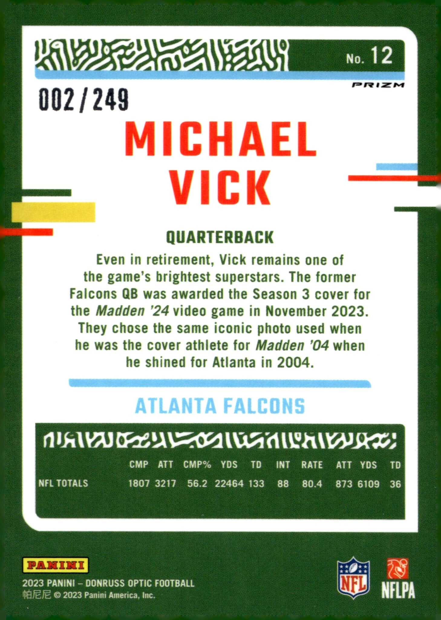 Michael Vick 2023 Panini Donruss Optic Orange Prizm 002/249 #12 - Collector Store LLC