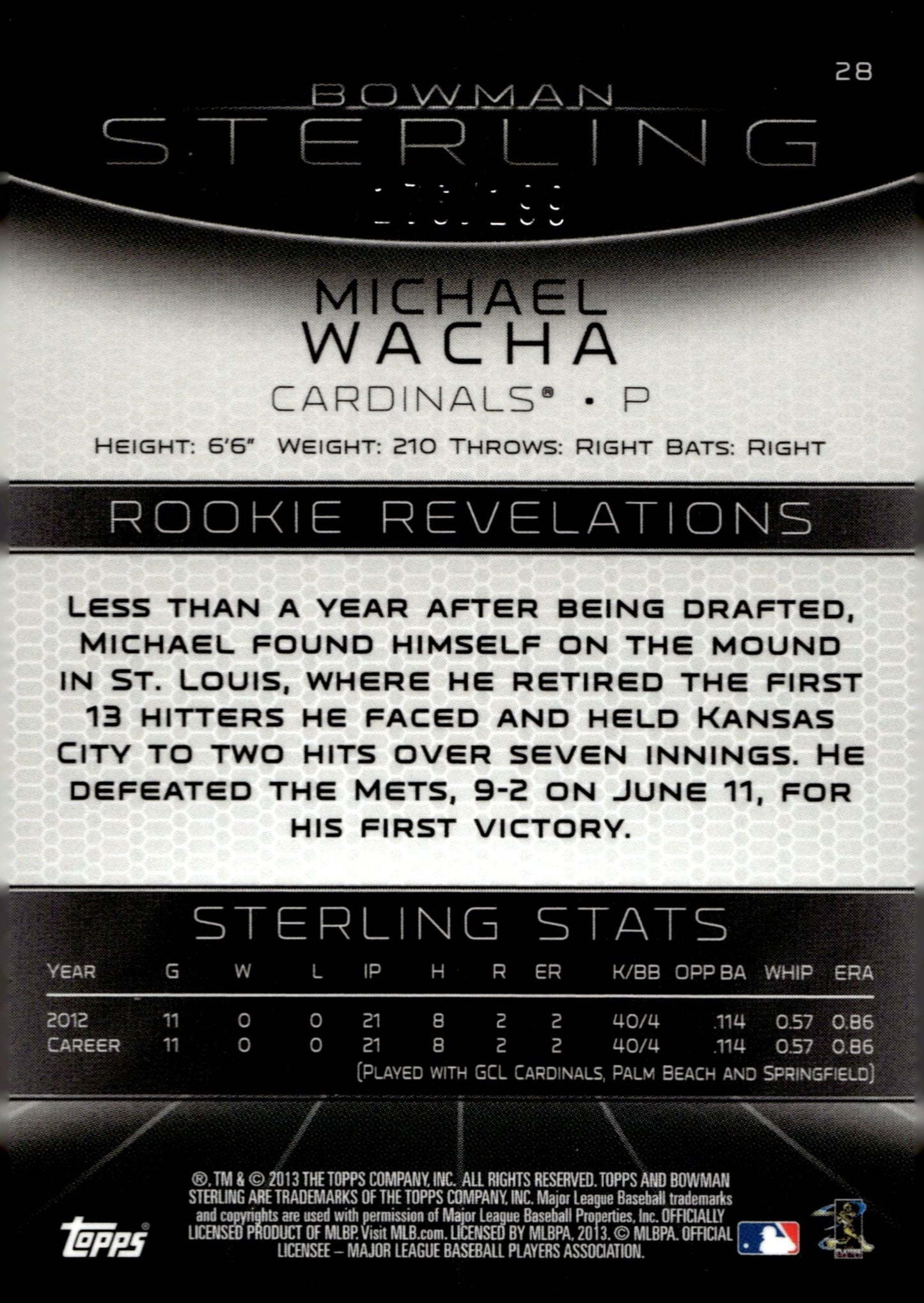 Michael Wacha 2013 Bowman Sterling Refractor RC 176/199 #28 - Collector Store LLC