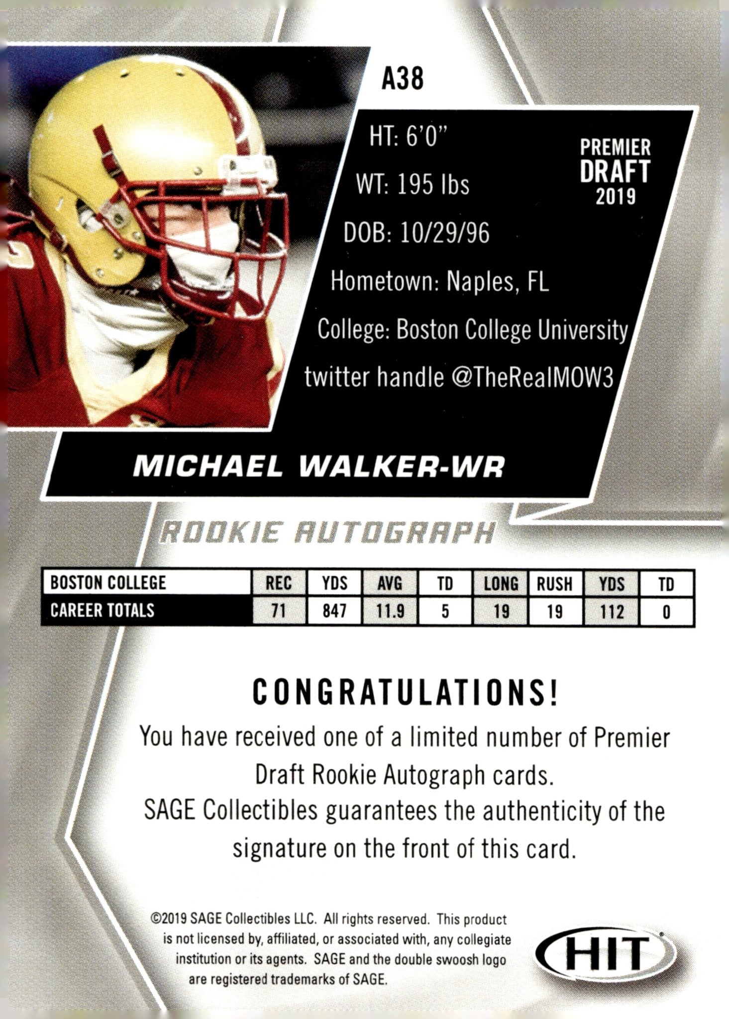 Michael Walker 2019 Sage Hit RC Auto #A38 - Collector Store LLC