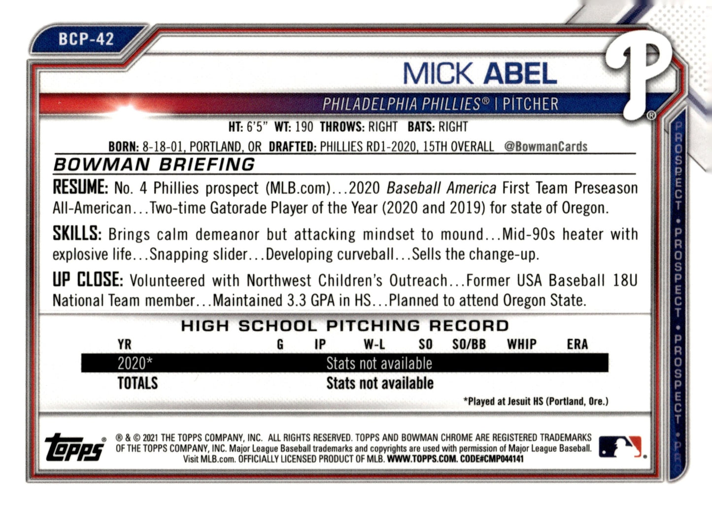 Mick Abel 2021 Bowman Chrome Prospect #BCP - 42 - Collector Store LLC