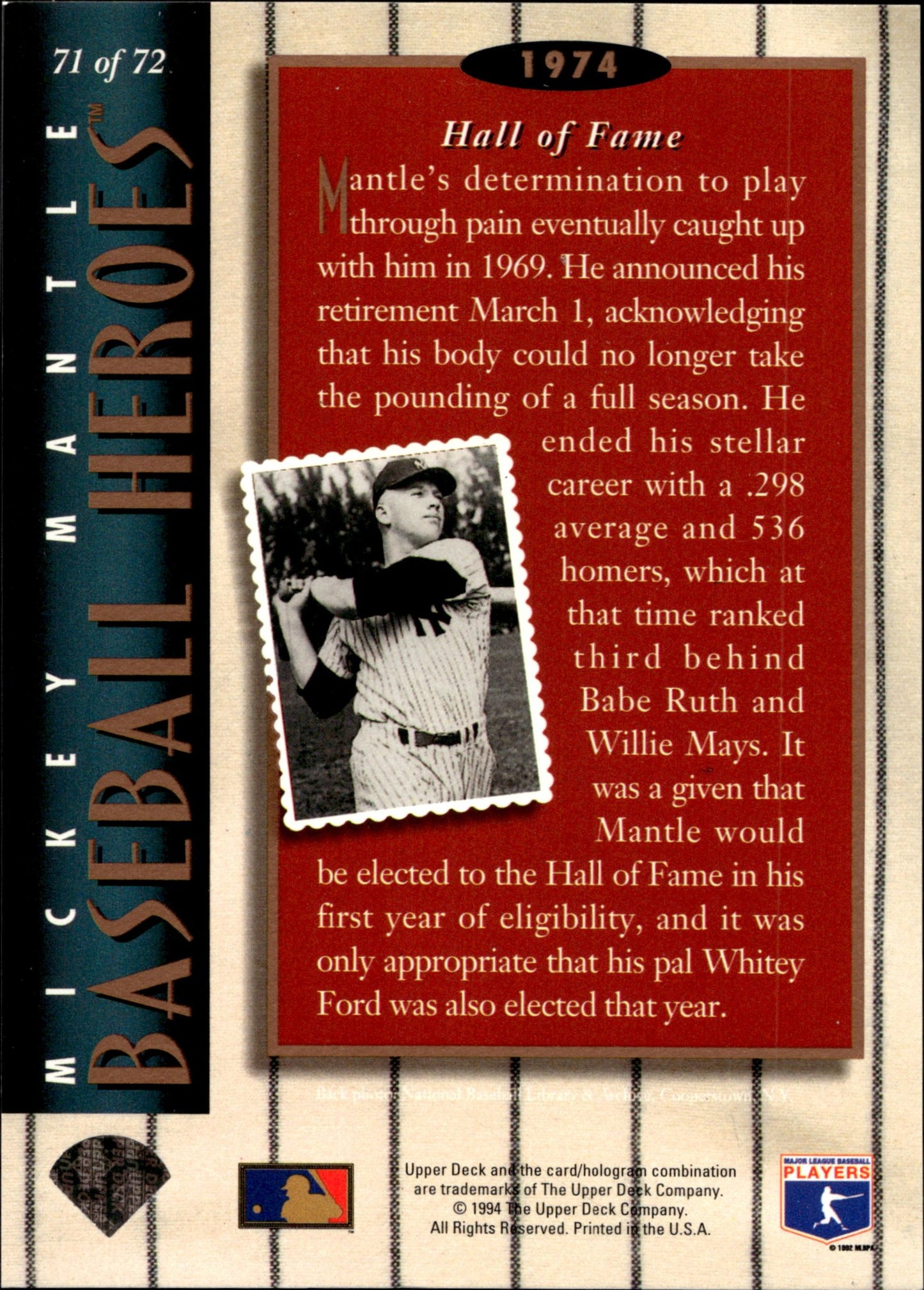 Mickey Mantle 1994 Upper Deck Mantle Heroes 1974 Hall of Fame #71 - Collector Store LLC