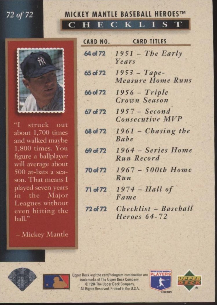 Mickey Mantle 1994 Upper Deck Mantle Heroes #72 - Collector Store LLC
