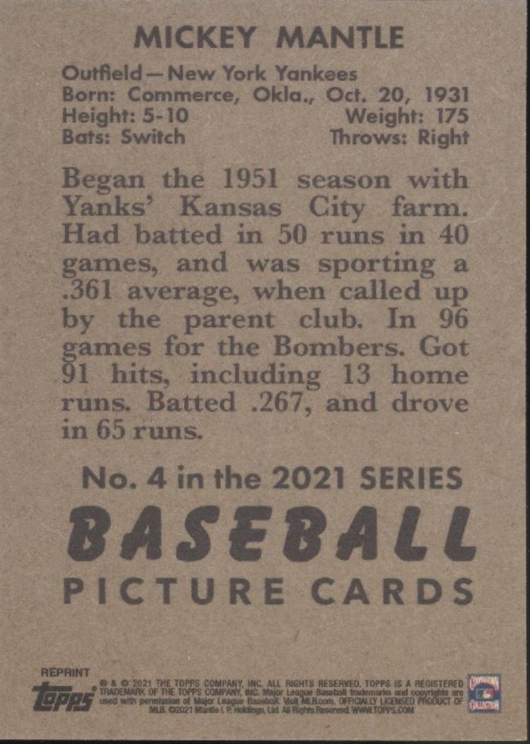 Mickey Mantle 2021 Topps x Bowman 1951 Reprint #4 - Collector Store LLC