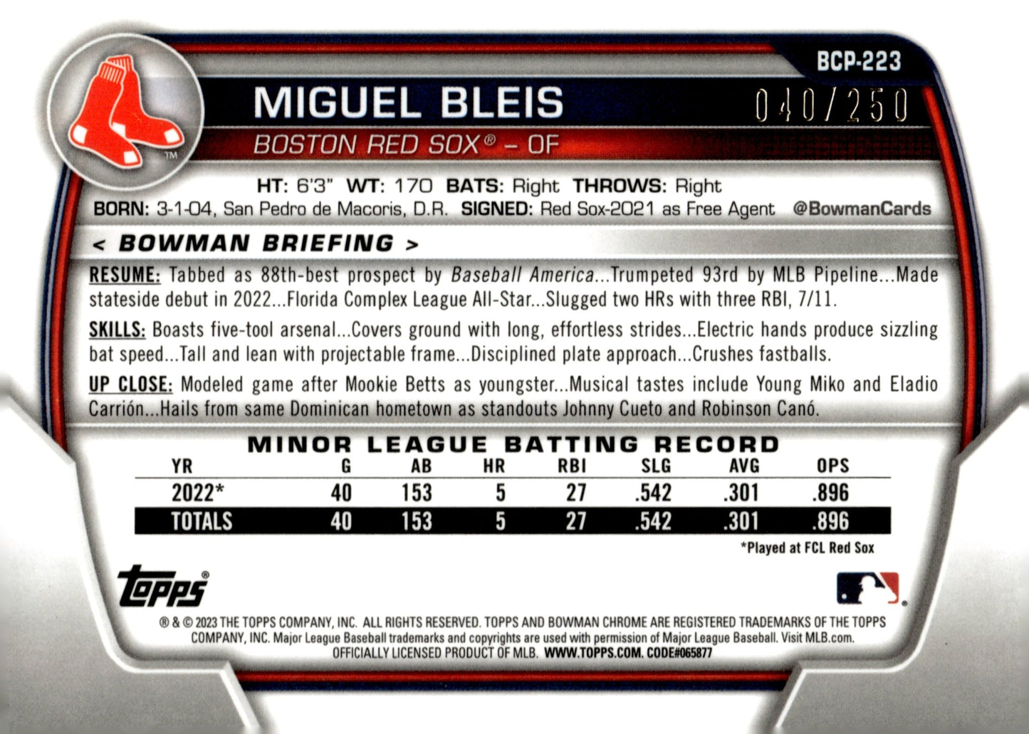 Miguel Bleis 2023 Bowman Chrome Purple Refractor 040/250 #BCP - 223 - Collector Store LLC