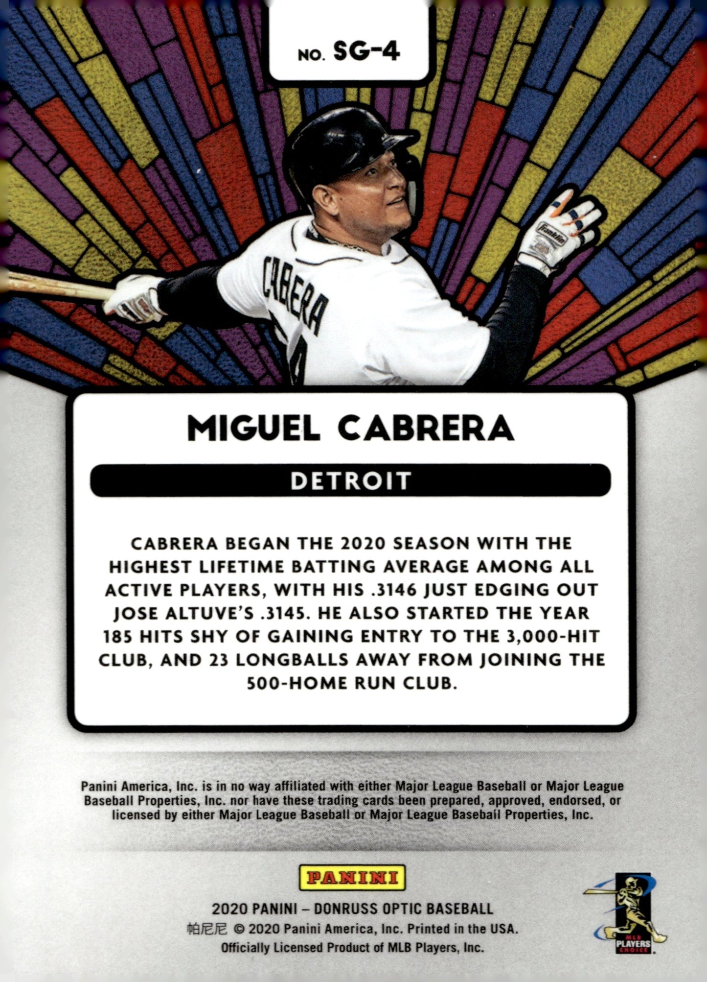 Miguel Cabrera 2020 Panini Donruss Optic Stained Glass #SG - 4 - Collector Store LLC