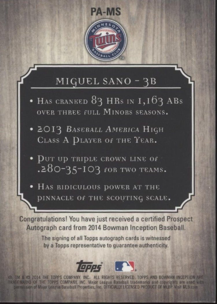 Miguel Sano 2014 Bowman Inception Auto #PA - MS - Collector Store LLC