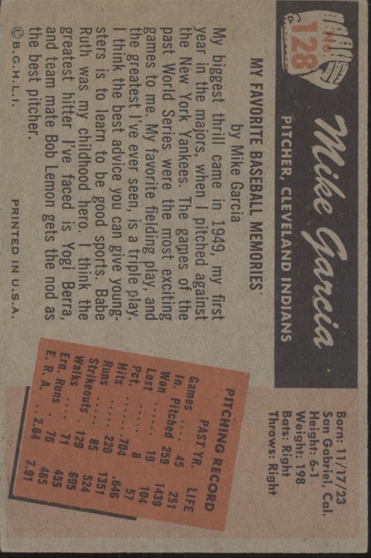 Mike Garcia 1955 Bowman #128 Cleveland Indians VG - Collector Store LLC