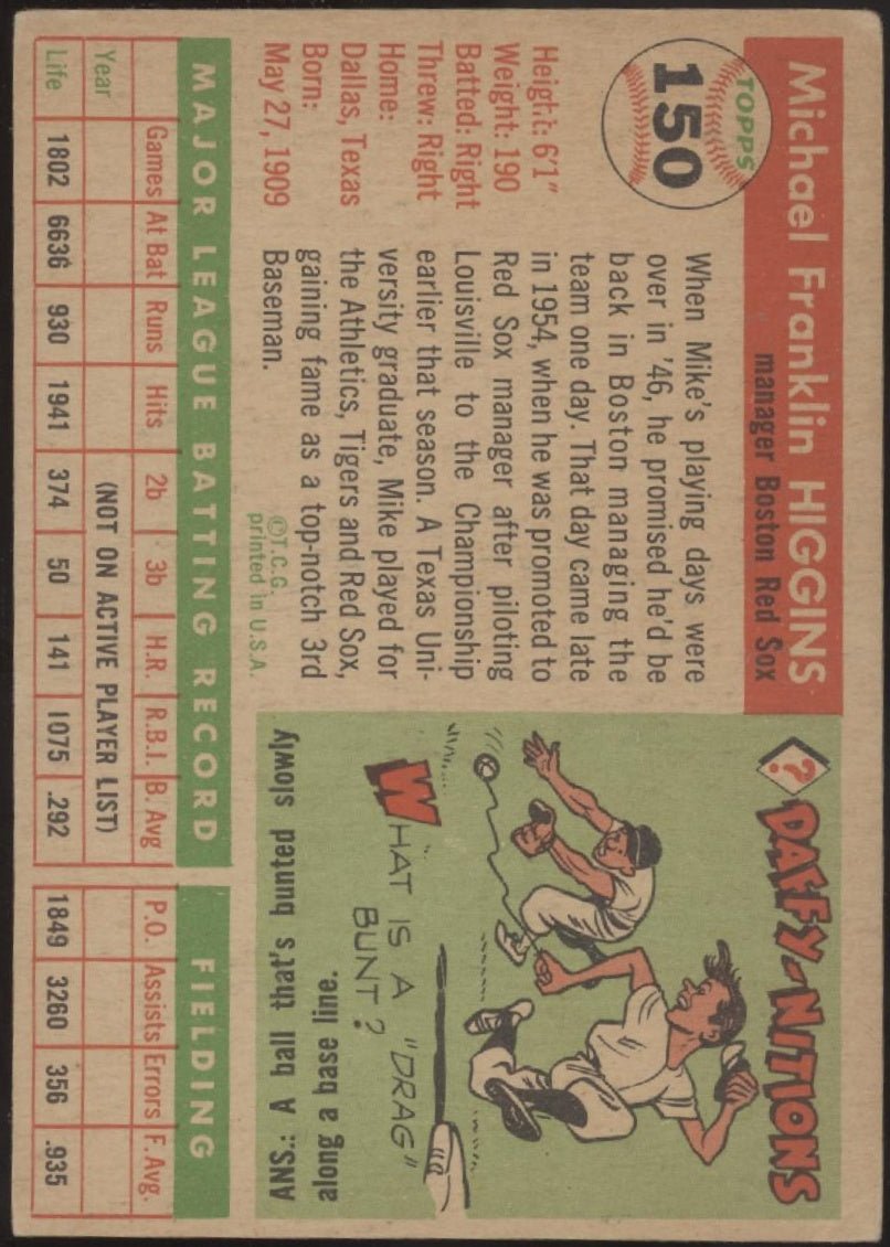 Mike Higgins 1955 Topps #150 Boston Red Sox VG - EX #3 - Collector Store LLC