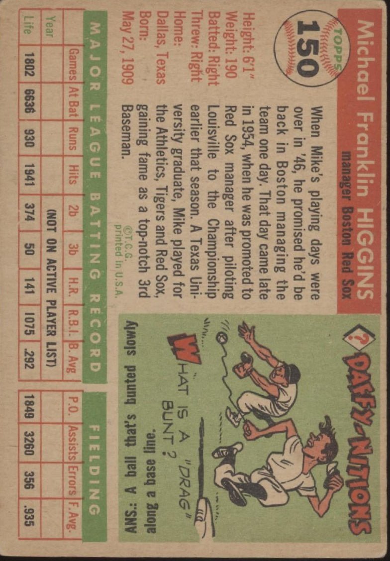 Mike Higgins 1955 Topps #150 Boston Red Sox VG - EX #4 - Collector Store LLC