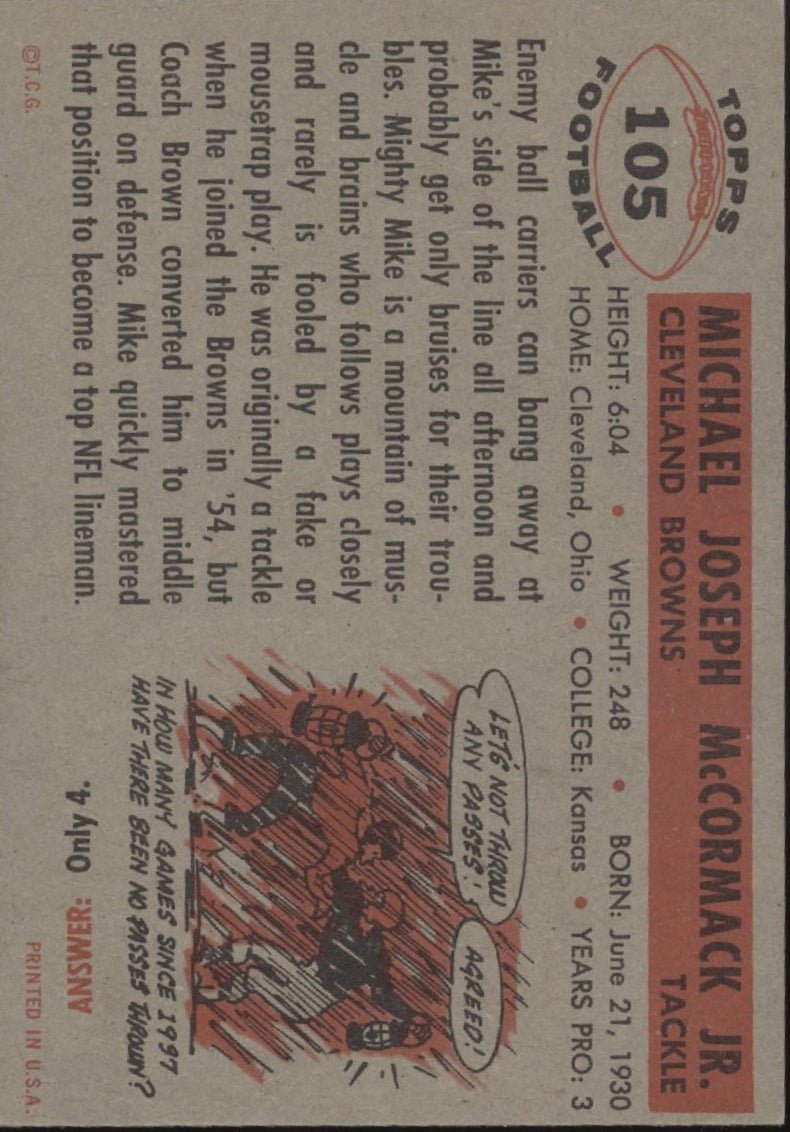 Mike McCormack 1956 Topps #105 Cleveland Browns VG - EX - Collector Store LLC