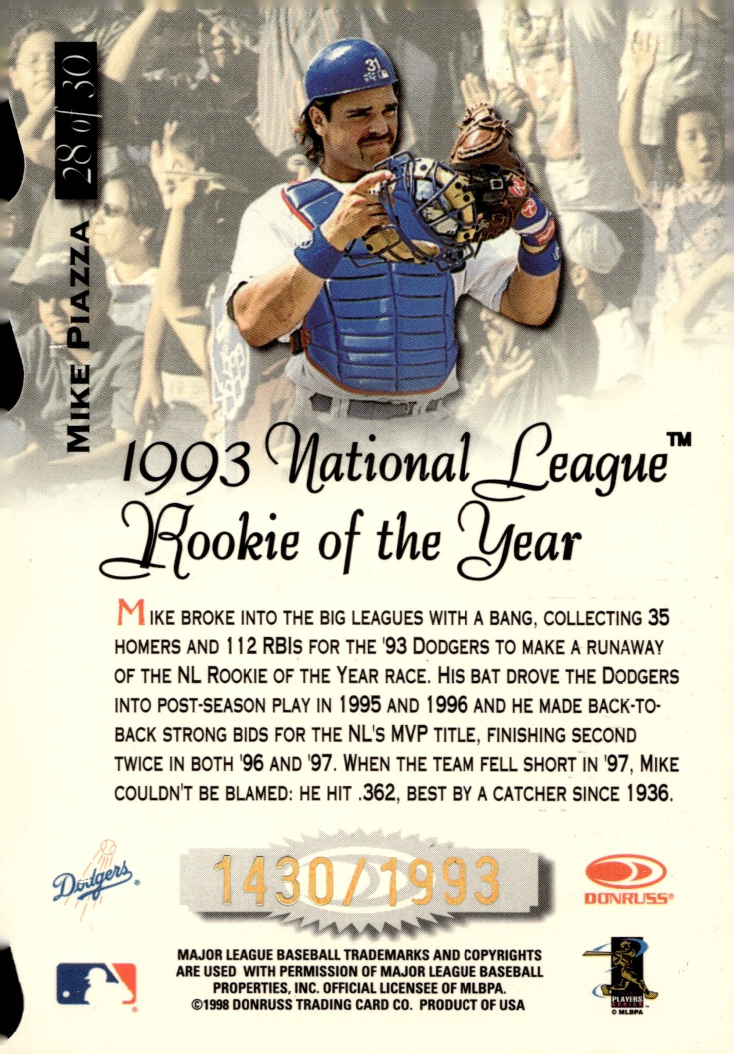 Mike Piazza 1998 Donruss Preferred Title Waves Die - Cut 1430/1993 #28 - Collector Store LLC