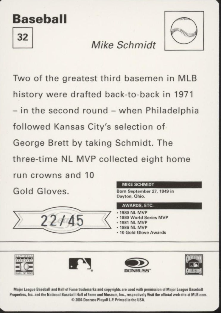 Mike Schmidt 2004 Donruss Playoff 22/45 #32 - Collector Store LLC