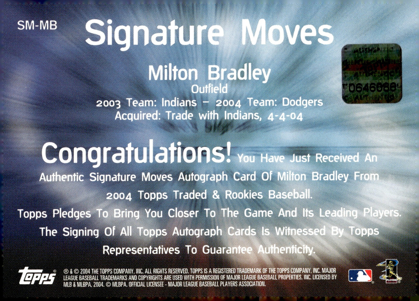 Milton Bradley 2004 Topps Signature Moves Certified Auto #SM - MB - Collector Store LLC