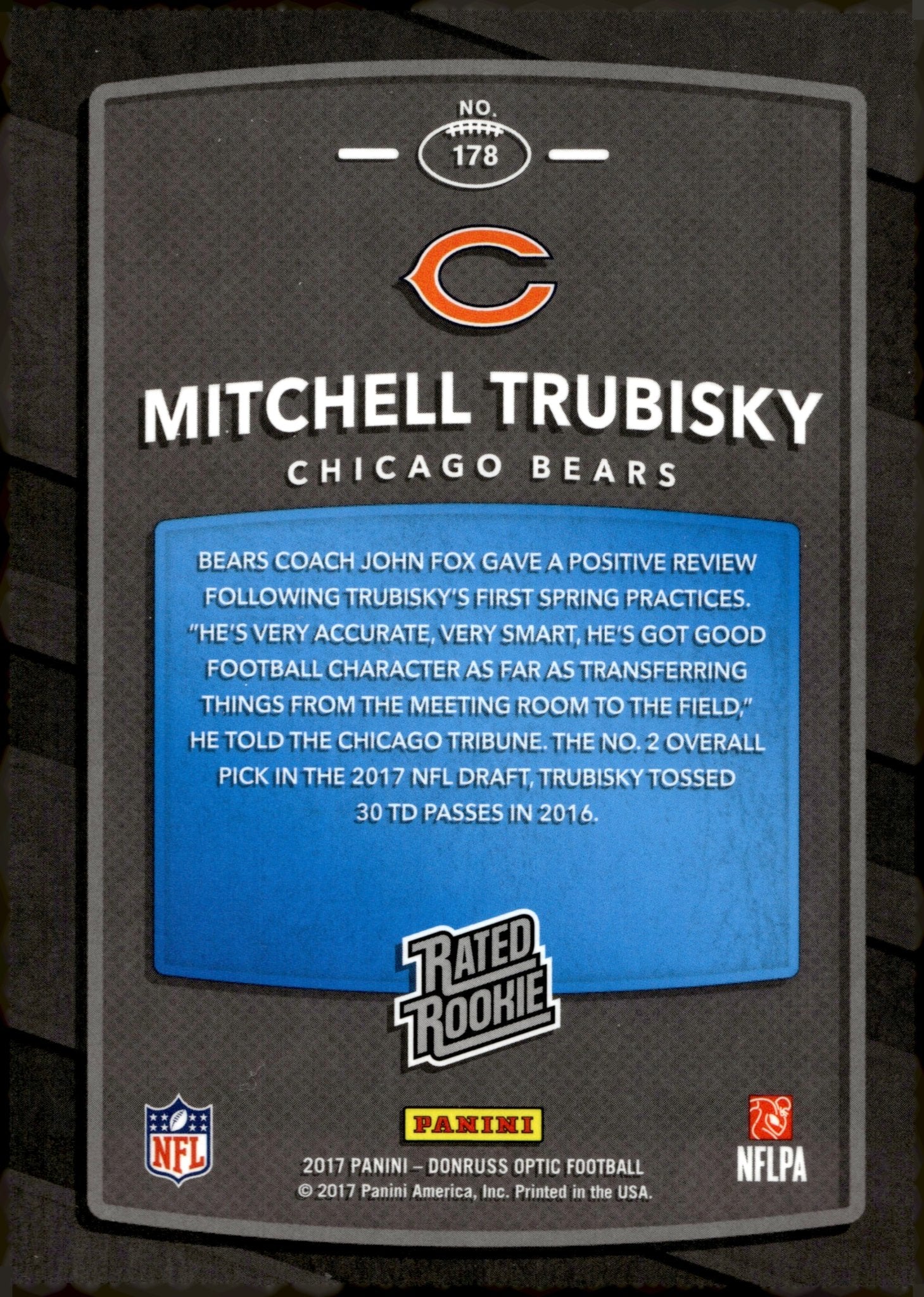 Mitchell Trubisky 2017 Panini Donruss Optic Rated Rookie RC #178 - Collector Store LLC