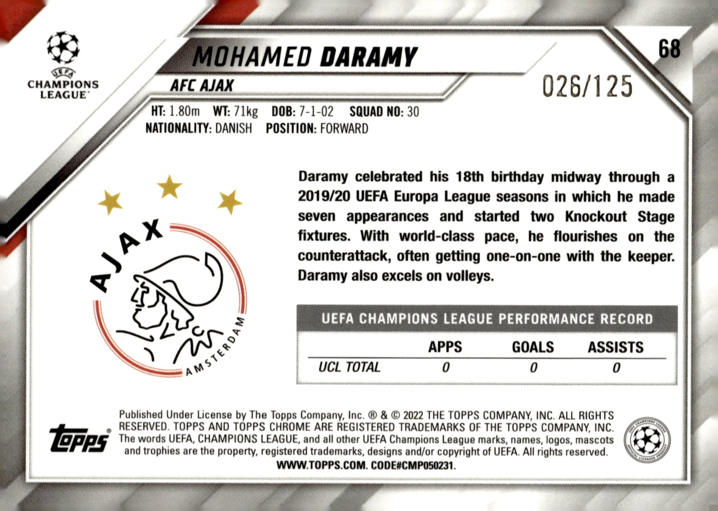 Mohamed Daramy 2021 - 22 Topps Chrome UCL Rose Gold Refractor RC 026/125 #68 - Collector Store LLC