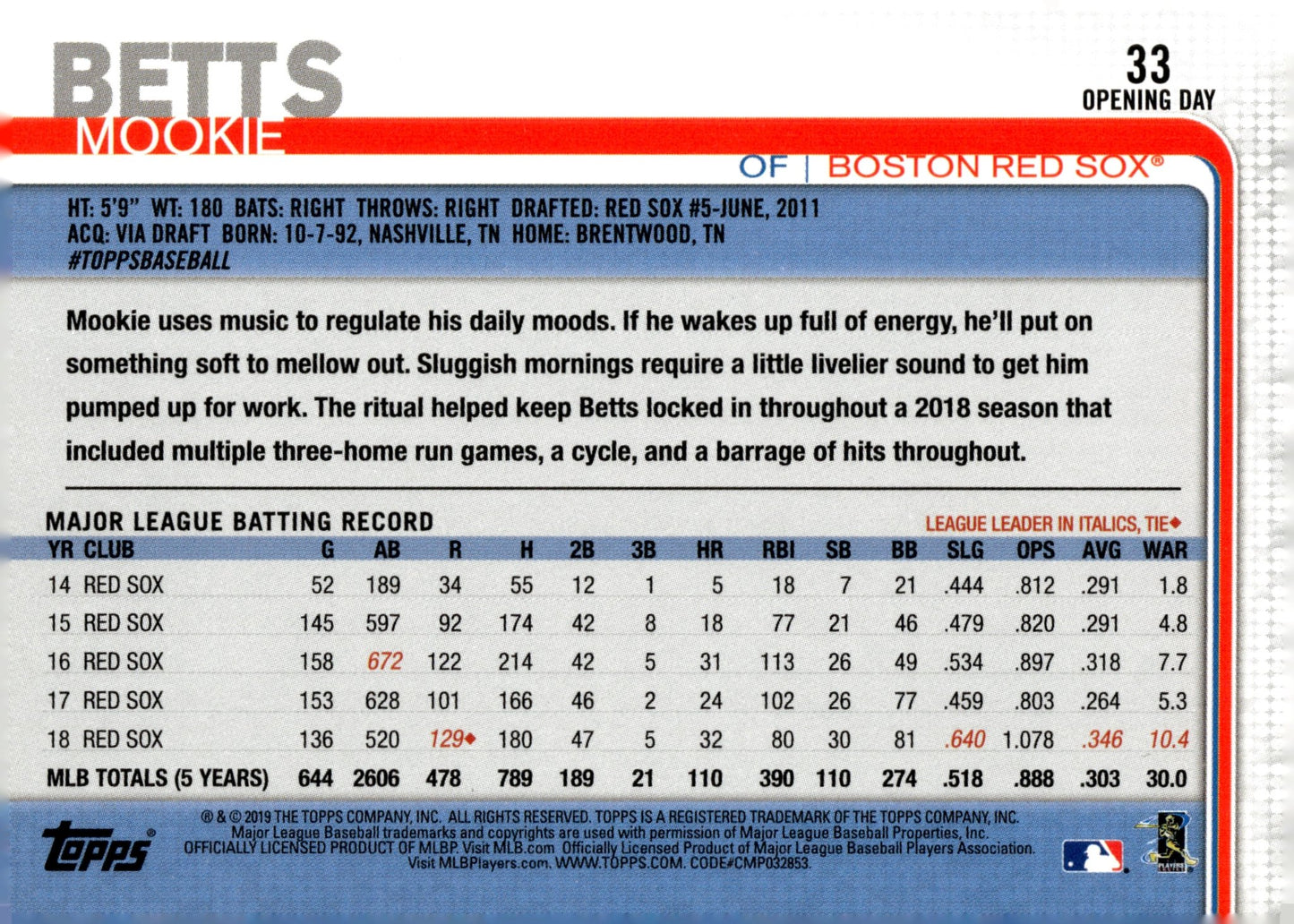 Mookie Betts 2019 Topps Opening Day Batting Horizontal #33 - Collector Store LLC