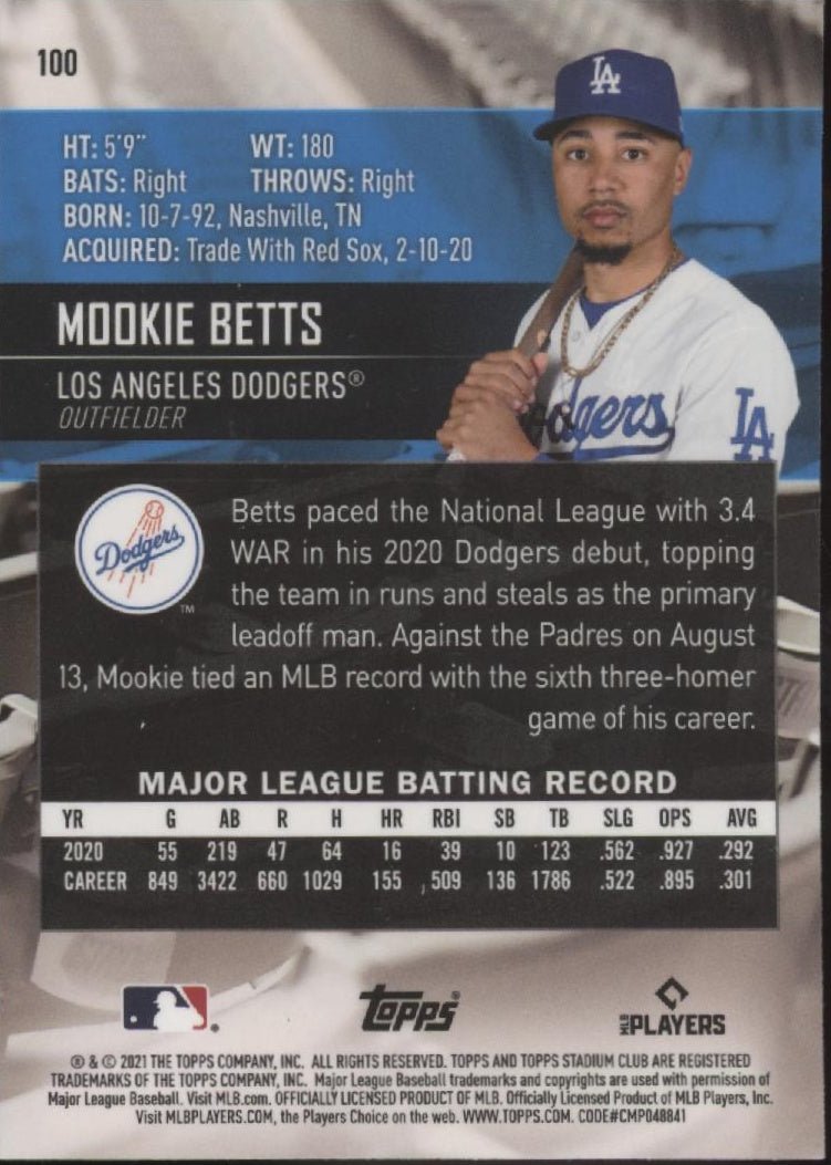 Mookie Betts 2021 Topps Stadium Club Refractor #100 - Collector Store LLC