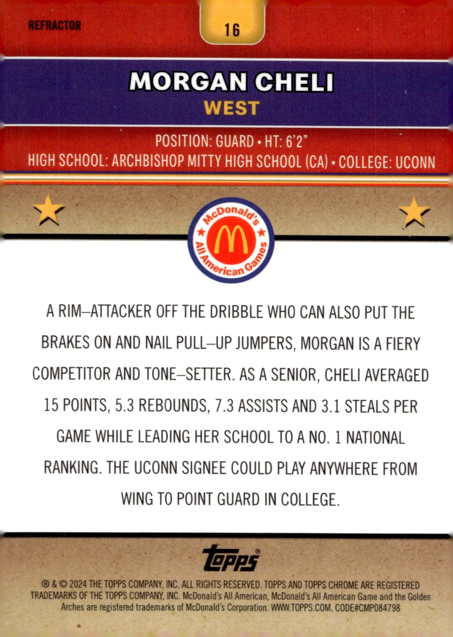 Morgan Cheli 2024 Topps Chrome McDonald's All American Refractor #16 - Collector Store LLC