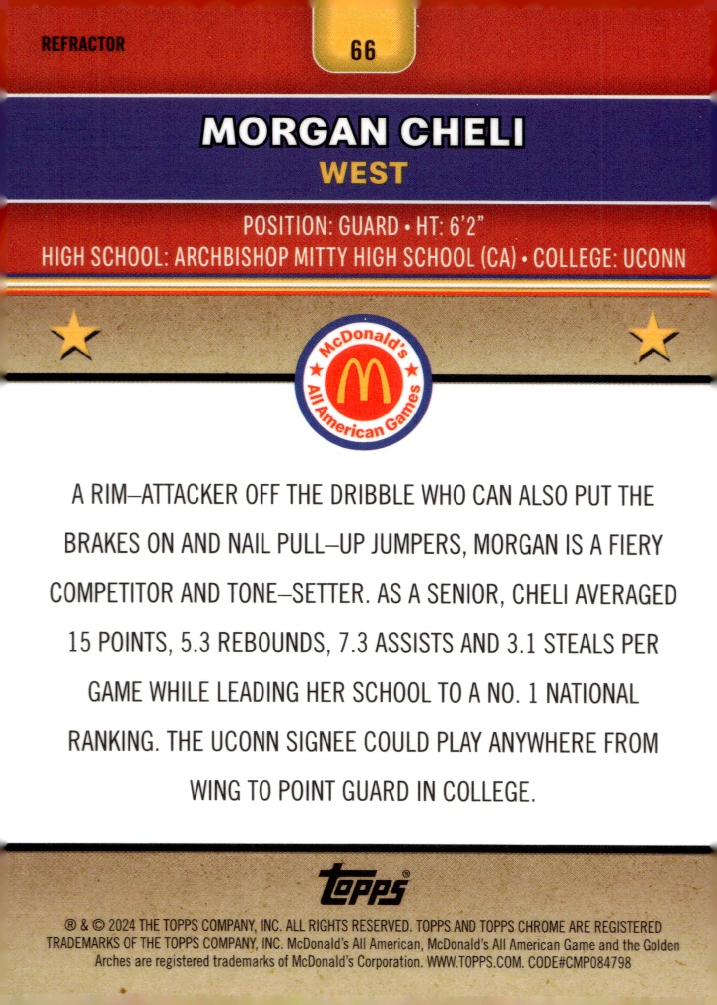 Morgan Cheli 2024 Topps Chrome McDonald's All American Refractor #66 #2 - Collector Store LLC