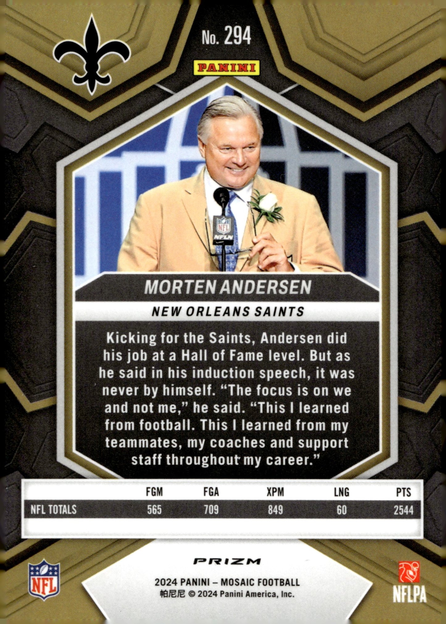 Morten Andersen 2024 Panini Mosaic Hall of Fame Prizm #294 - Collector Store LLC